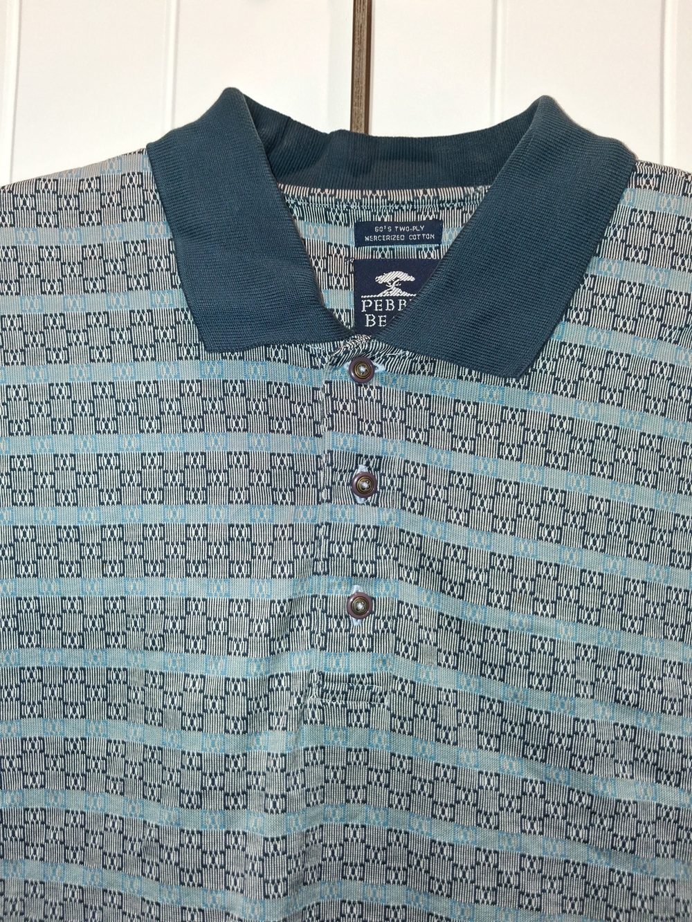 Pebble Beach Men’s Teal and Light Blue Geometric Polo Size Large